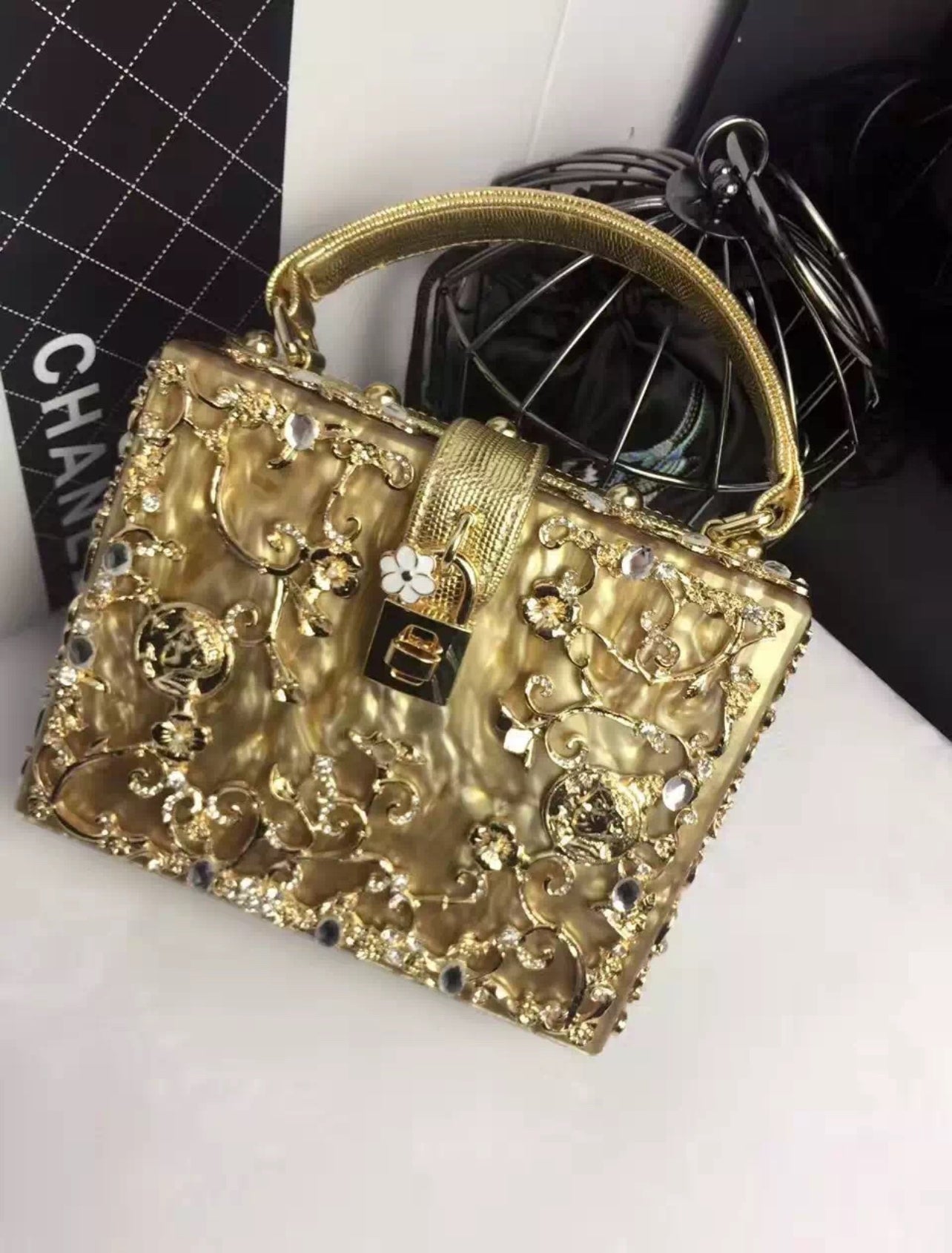 Metal Flower Engraved Box Purse (PRE ORDER)