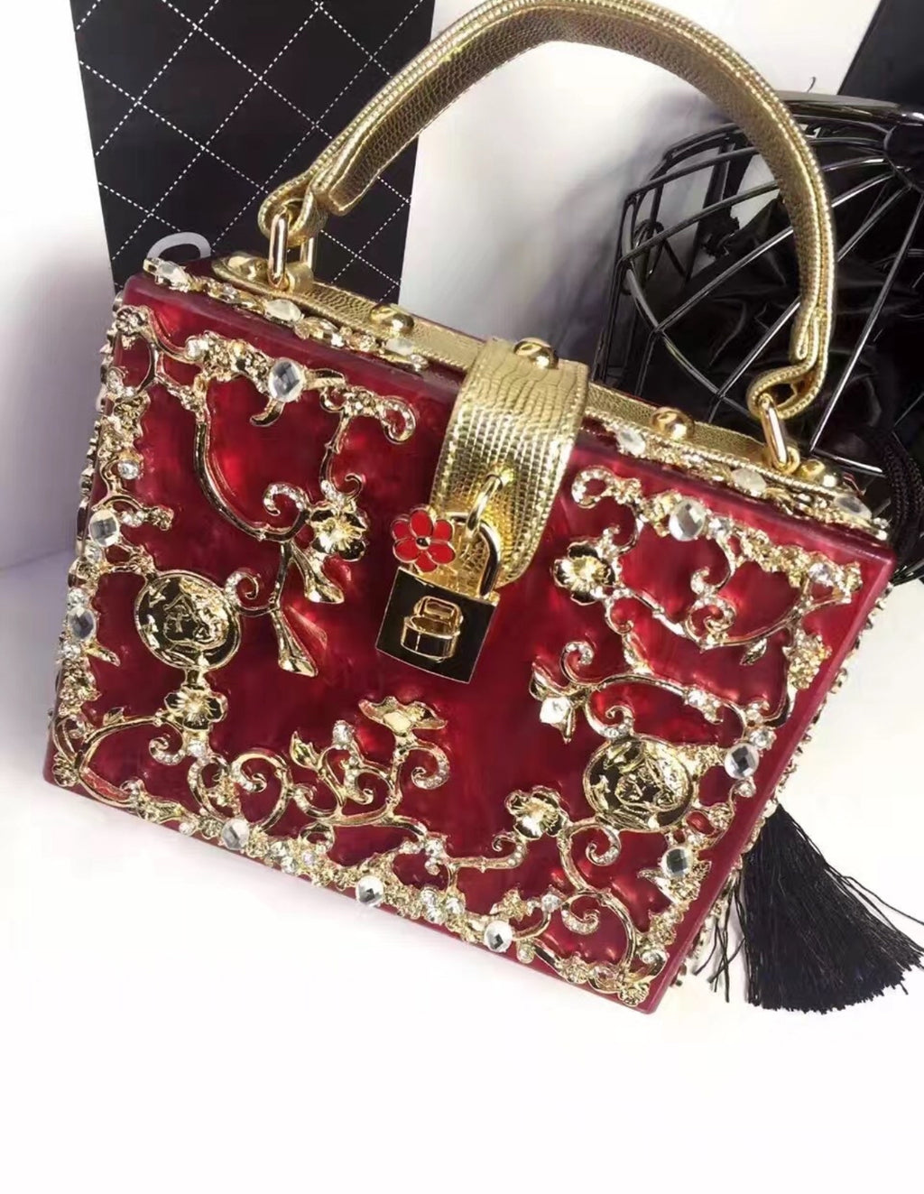 Metal Flower Engraved Box Purse (PRE ORDER)